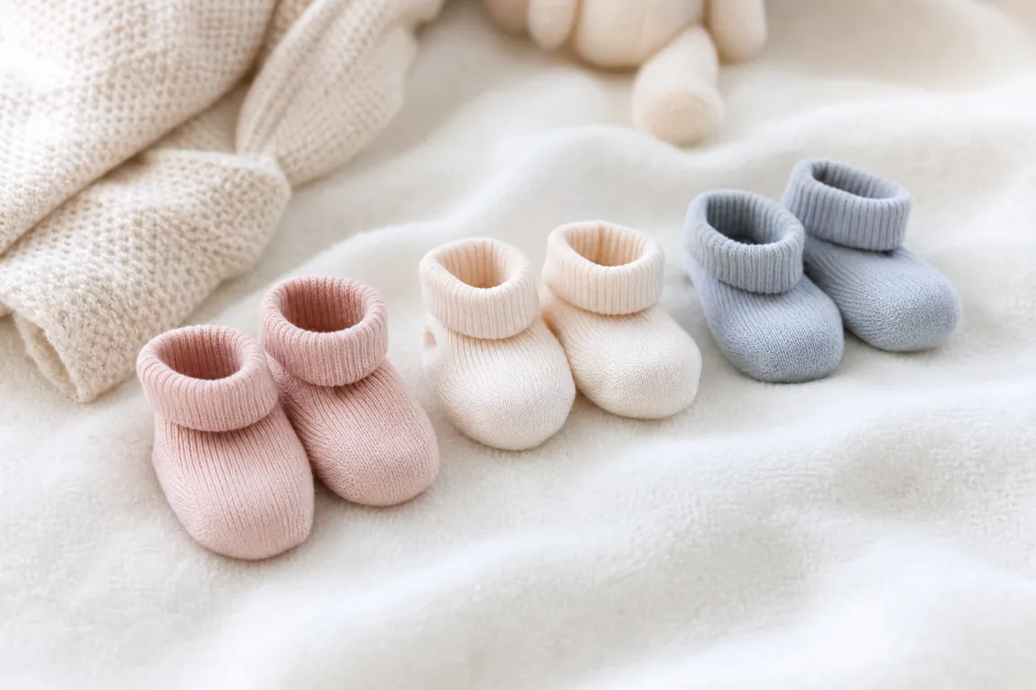 Små babystrumpor i mjuka pastellfärger vikta bredvid varandra