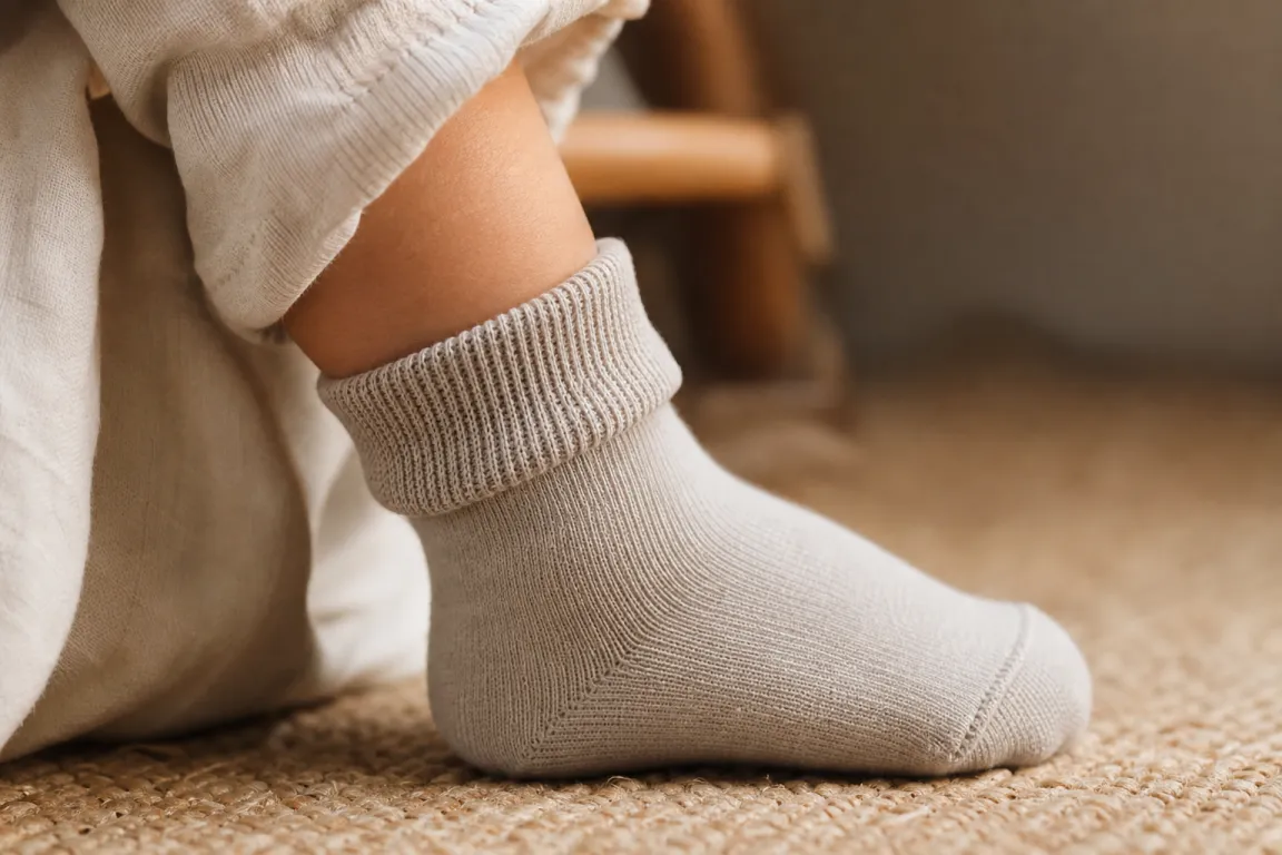 Barnstrumpa med extra resår över vristen som håller kvar den på foten