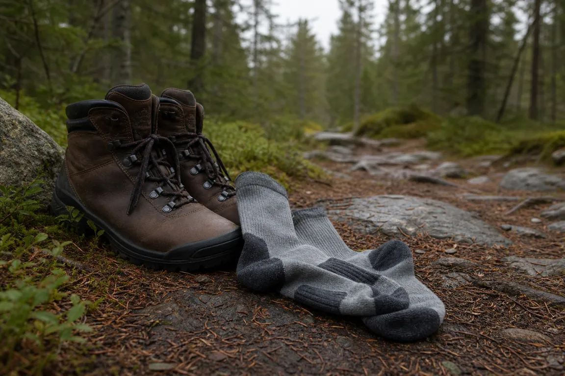 Ett par slitstarka vandringsstrumpor ligger bredvid ett par vandringskängor på en stig i skogen