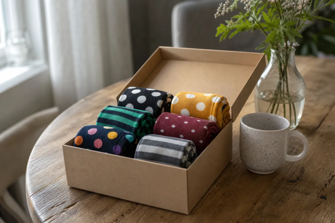 Flera par mönstrade strumpor i starka färger ligger ihoprullade i en presentbox på ett bord