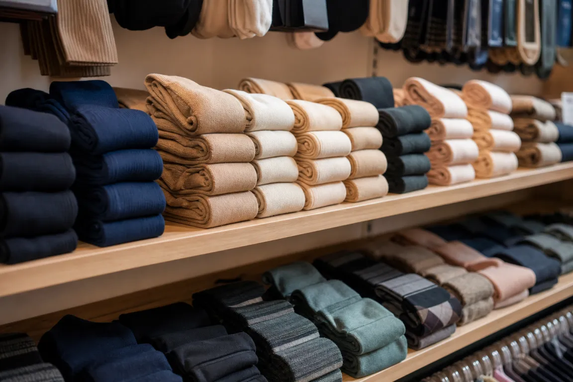 Rader av hoprullade stödstrumpor i olika färger och längder i en butikshylla