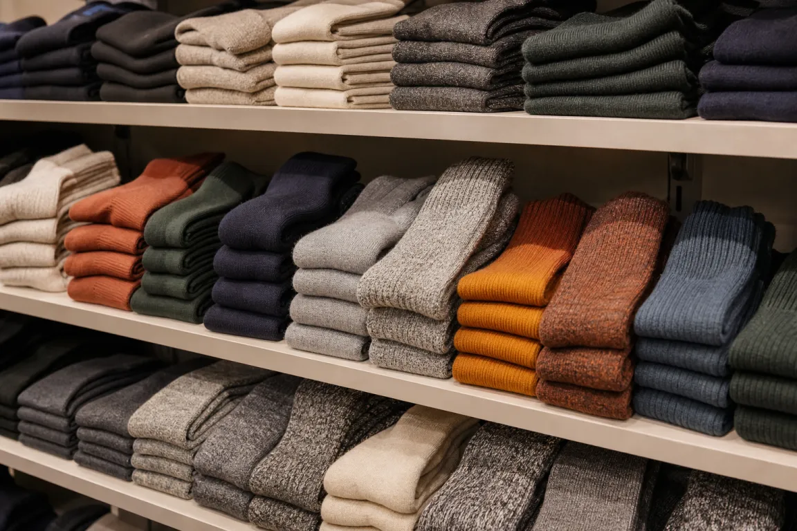 Överfull hylla med strumpor i olika material staplade i prydliga travar