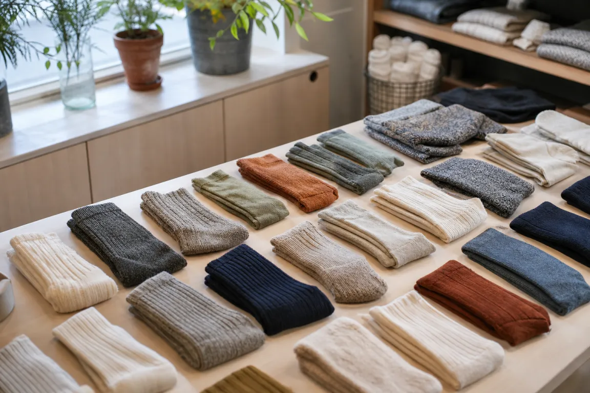 Överblick av flera strumppar i olika färger och material utplacerade på ett bord, som i en butiksdisplay