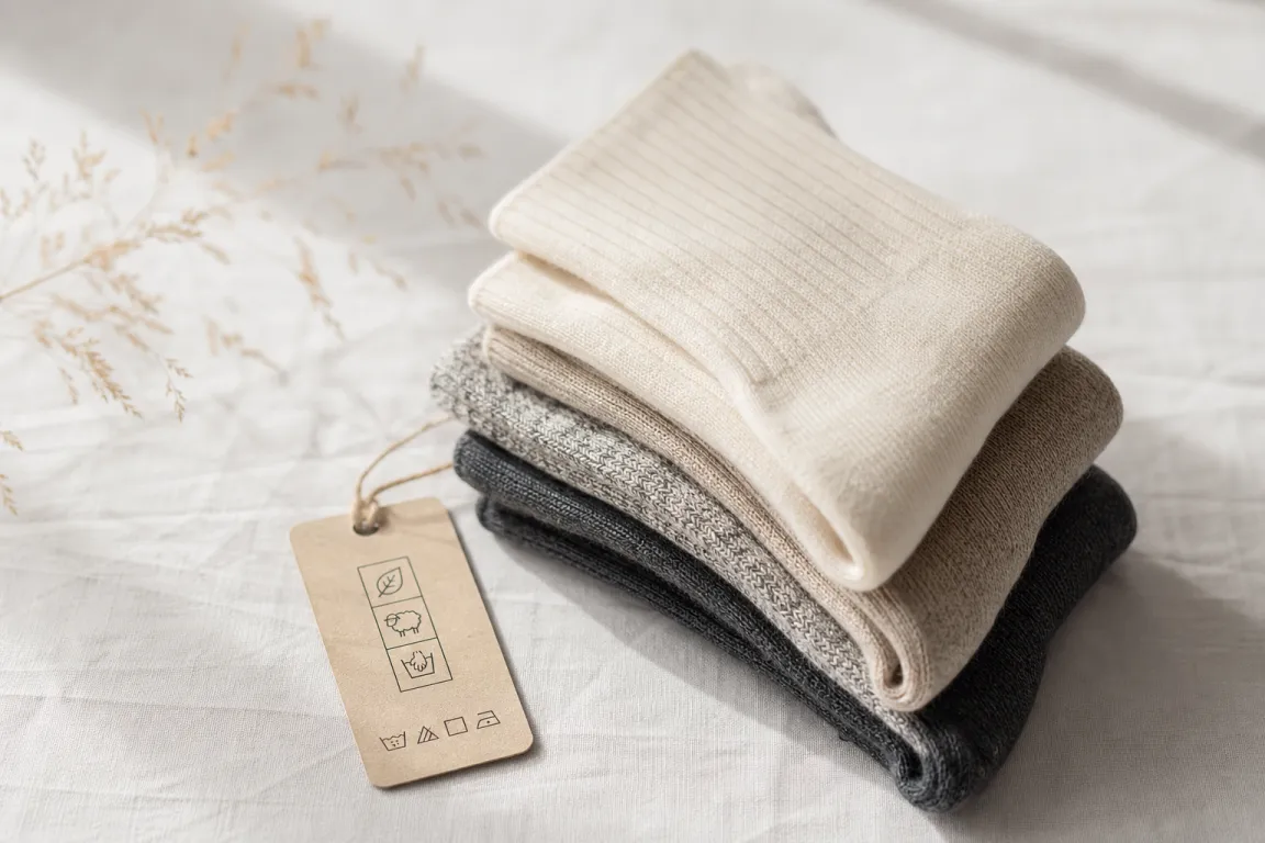 Strumpor i naturmaterial staplade bredvid en textiletikett med certifieringsmärkning