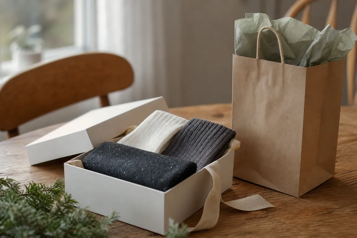 Presentförpackade strumpor i en påse redo att ges bort