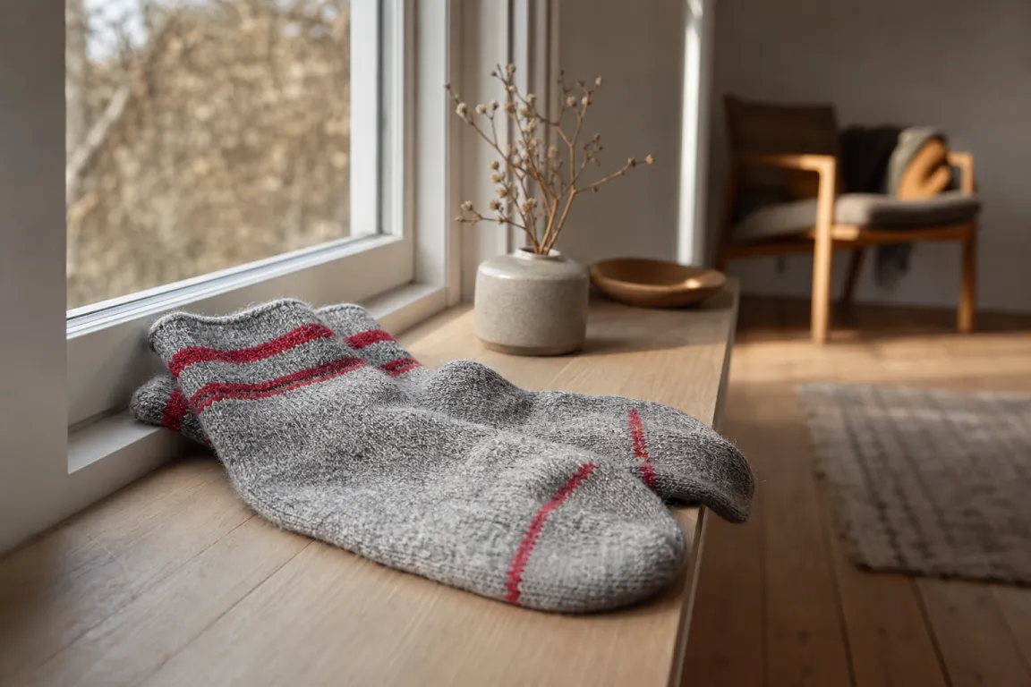 Gråmelerade ullstrumpor med röda ränder på en trätrall
