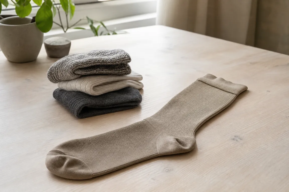 Stödstrumpa i bambumaterial lagd bredvid en hög med strumpor i andra material