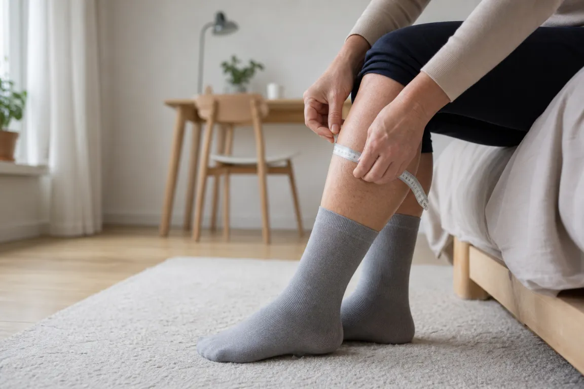 Måttband läggs runt en vad för att mäta omkretsen inför köp av stödstrumpor