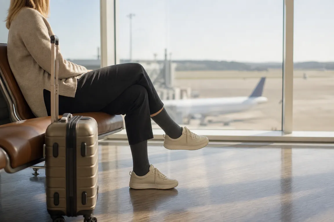 Resenär i stödstrumpor och bekväma skor på väg genom en flygplatsterminal