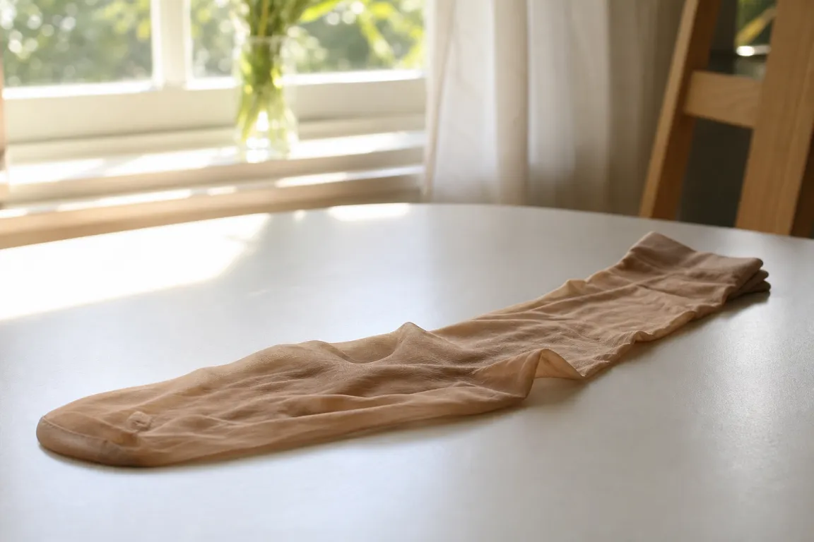 Tunn stödstrumpa i nylon lagd på ett ljust bord med sommarljus i bakgrunden
