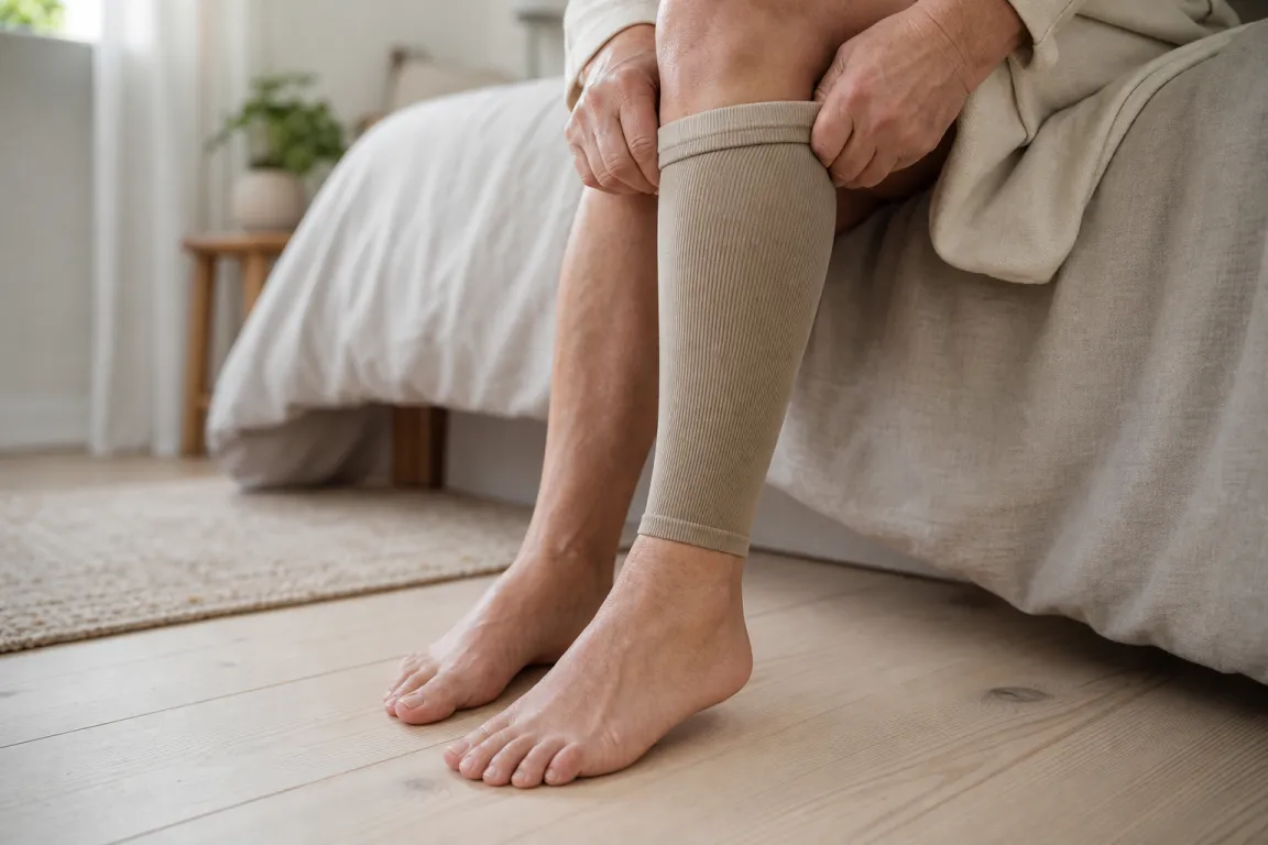 Vadsleeve utan fotdel på ett ben, foten syns bar nedanför