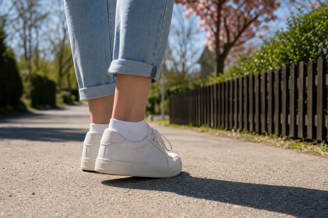 Fötter i vita ankelstrumpor och sneakers där strumpkanten syns strax ovanför skon