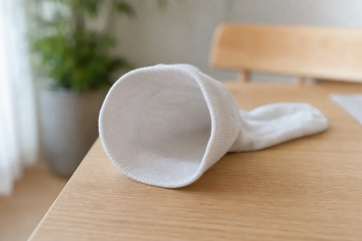 Mjuk sömlös strumpa med lös mudd ligger utvänd på ett bord så att den släta insidan syns