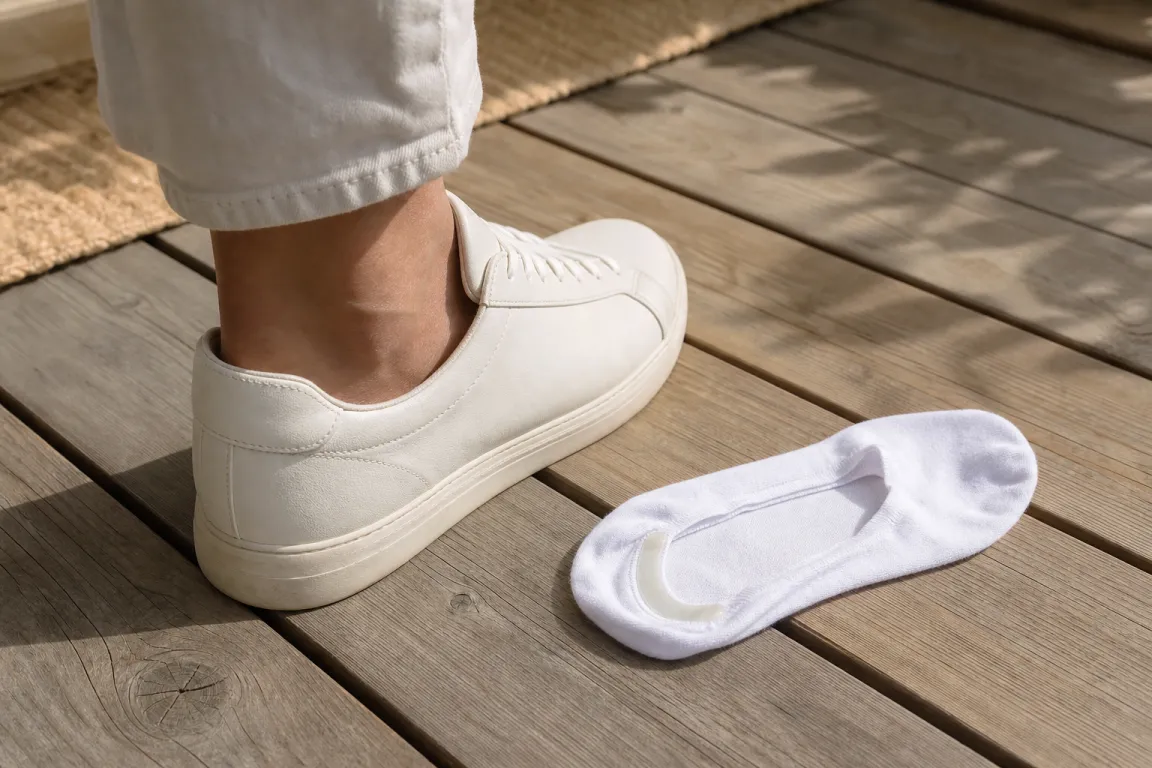 Fot i sneaker där ingen strumpkant syns ovanför skon