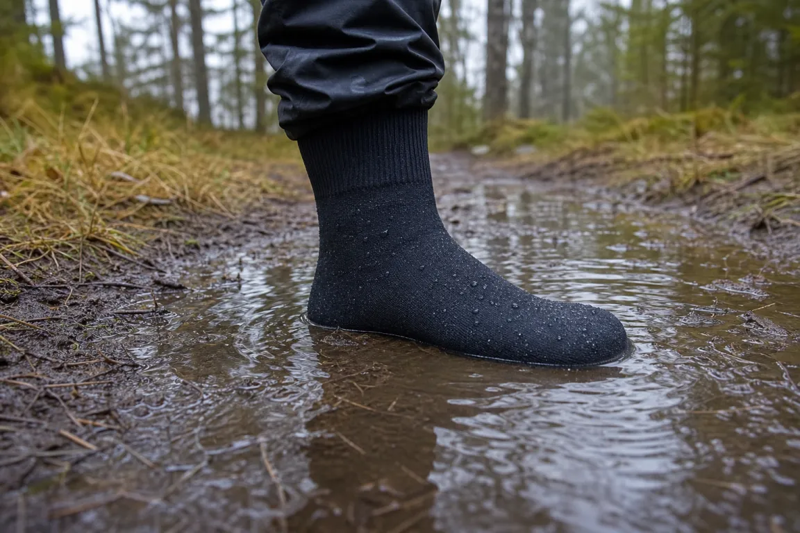 Vattentät strumpa på en fot som står i en vattenpöl på en lerig stig i skogen