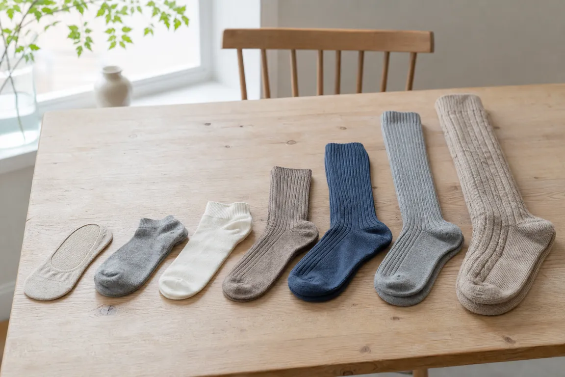 Strumpor i olika höjder och modeller uppradade på ett bord