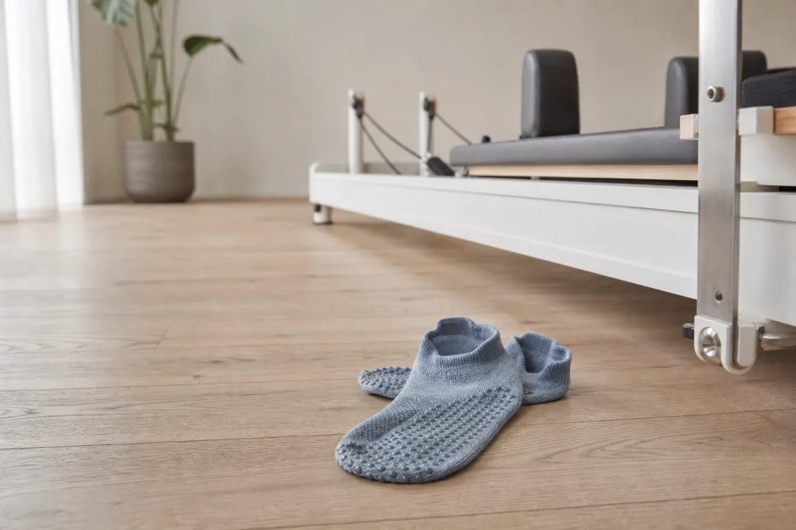 Korta pilatesstrumpor med synligt silikonmönster under sulan bredvid en pilatesreformer