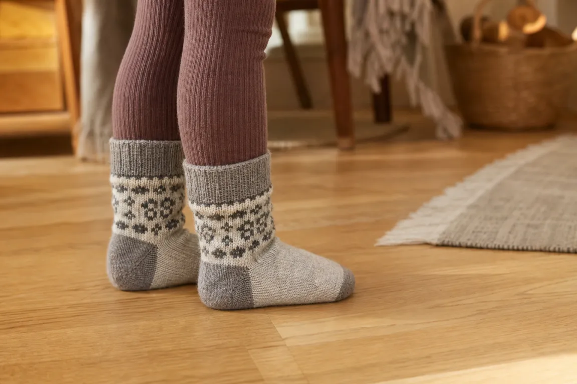 Barnfötter i mönstrade ullstrumpor på ett golv inomhus